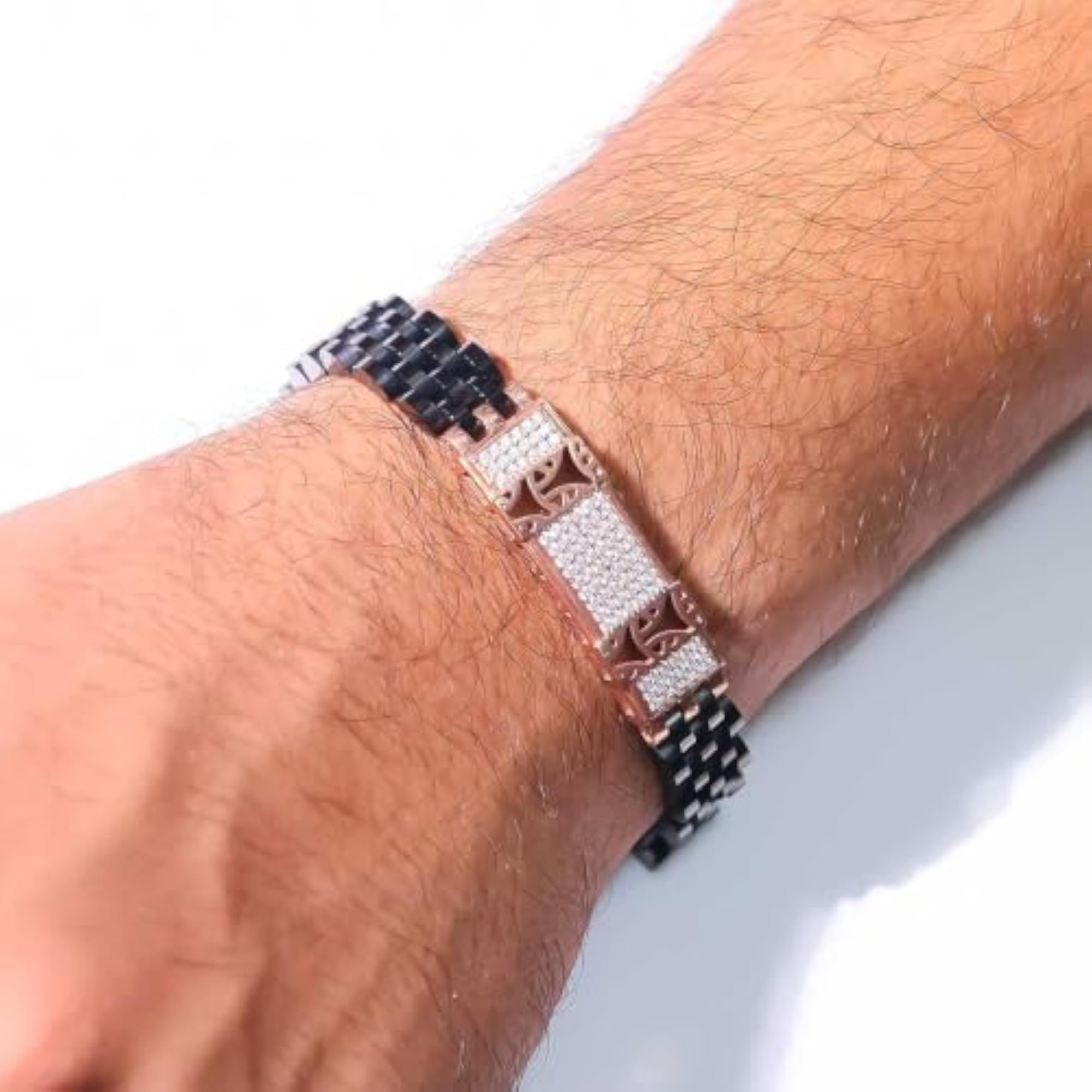 Men's 925 Sterling Silver Chain Bracelet with Rose Gold CZ, Stylish